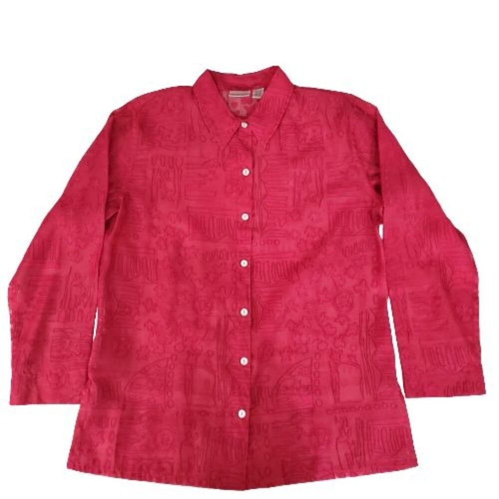 Chico's Women's Pink Linen-Blend Burnout Long Sleeve Button Front Blouse Size 2 - Picture 2 of 10